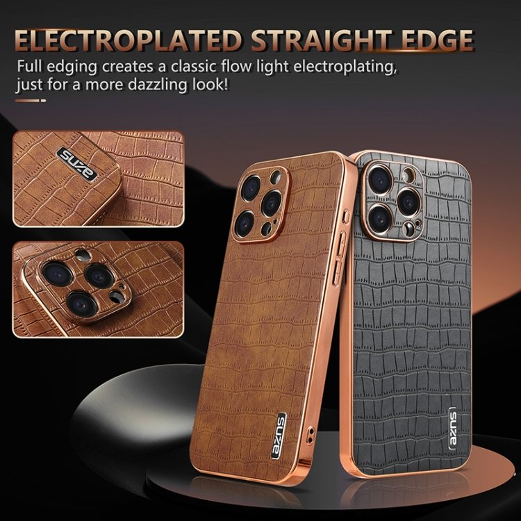 AZNS Electroplated Frame Crocodile Texture Full Coverage Phone Case, For iPhone 15 Pro Max, For iPhone 15 Pro, For iPhone 15 Plus, For iPhone 15, For iPhone 14 Plus, For iPhone 14, For iPhone 14 Pro, For iPhone 14 Pro Max, For iPhone 13 Pro Max - Image 3