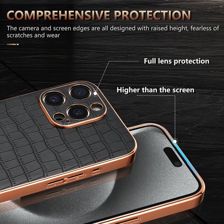 AZNS Electroplated Frame Crocodile Texture Full Coverage Phone Case, For iPhone 15 Pro Max, For iPhone 15 Pro, For iPhone 15 Plus, For iPhone 15, For iPhone 14 Plus, For iPhone 14, For iPhone 14 Pro, For iPhone 14 Pro Max, For iPhone 13 Pro Max - Image 6
